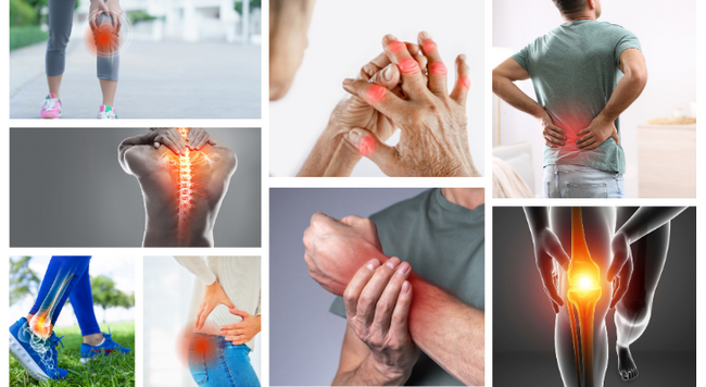 Image of people with arthritis. Person with arthritis in knee, fingers, lower back, upper back and shoulders, ankle, hip, wrist and knee
