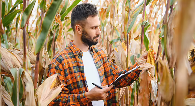 Man with clipboard in cornfield