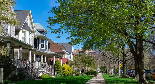 a row of homes along an urban sidewalk