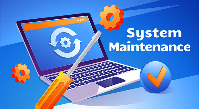 illustration of computer and screwdriver with text reading system maintenance