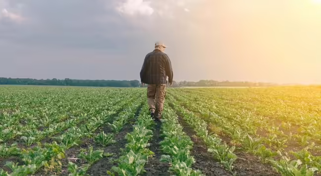 An adult man wearing work pants, a coat and ball cap - walks through rows of soybeans looking off toward the right at the bright shining sun.