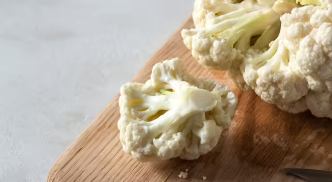 Three slices of cauliflower on a cutting board. 