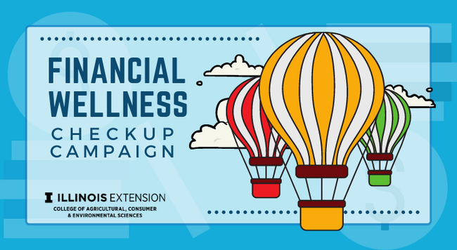 "Financial Wellness Checkup Campaign" text, with three cartoon hot air balloons and three clouds.