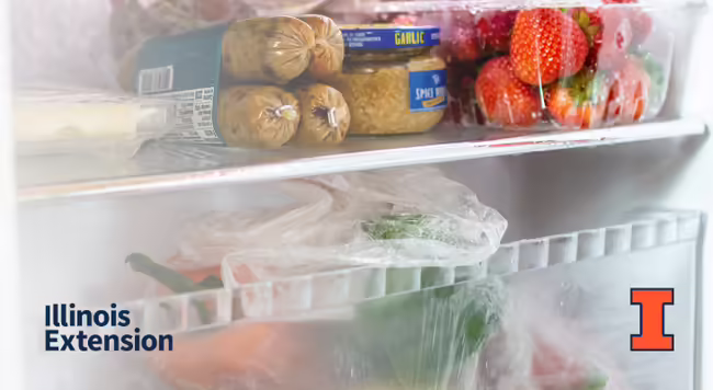Strawberries, garlic, and four packages of sausage on a refrigerator shelf. contains orange I block logo and Illinois Extension wordmark.