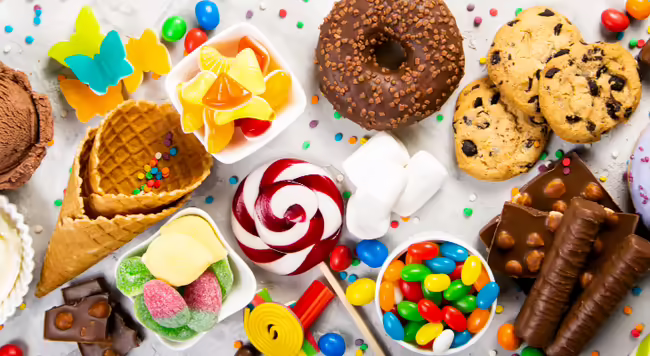 A table covered in desserts and candy