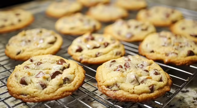 Chocolate chip cookies on a cooling rack