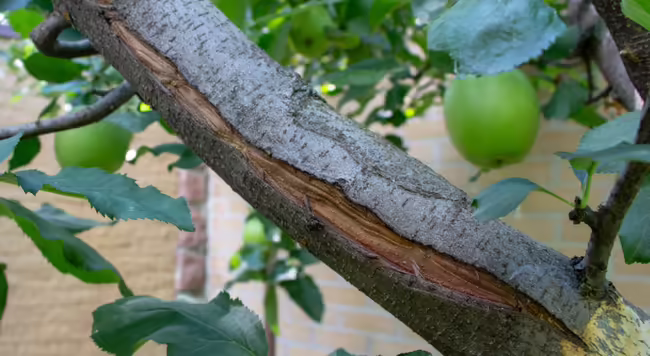 Frost crack on apple tree branch