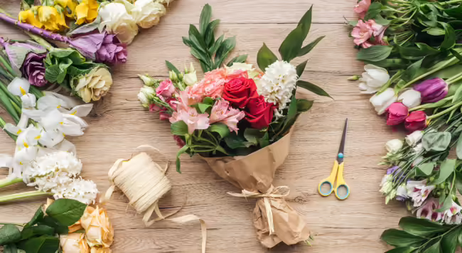 Mixed bouquet of pink and white flowers wrapped in paper on a wooden table surrounded by other flowers ready for a bouquet