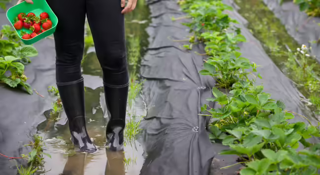 person standing in strawberry garden in flood water