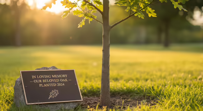 young tree with rock and plaque next to it that reads "In loving memory -our beloved oak- planted 2024"