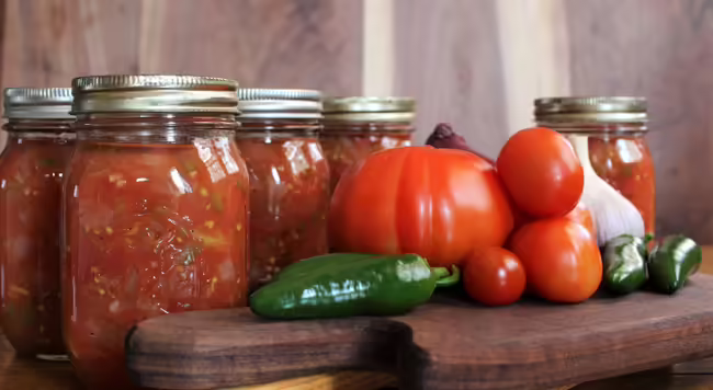 A table with jars of salsa and ingredients of tomato peppers and garlic