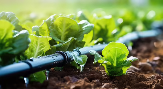 A drip tape irrigating lettuce