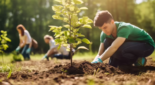 Group of people planting trees man planting in the foreground two more planting in the background