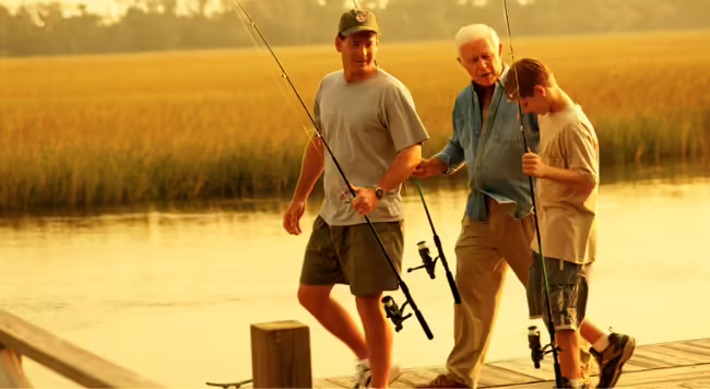 family of three males walking on a dog with fishing poles