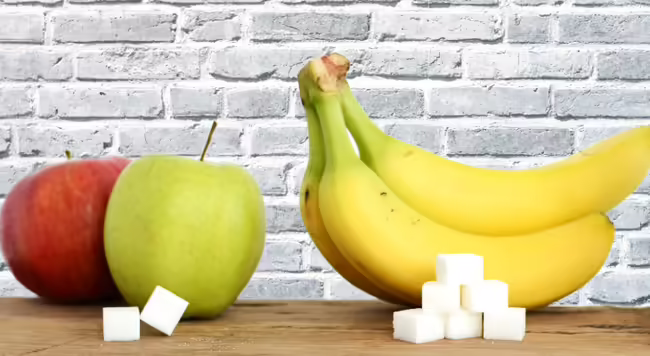 Two apples and two bananas on a wood table with a gray brick background. Sugar cubes sit in front of fruit