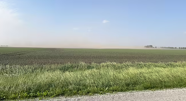 A dust cloud over a crop field. 