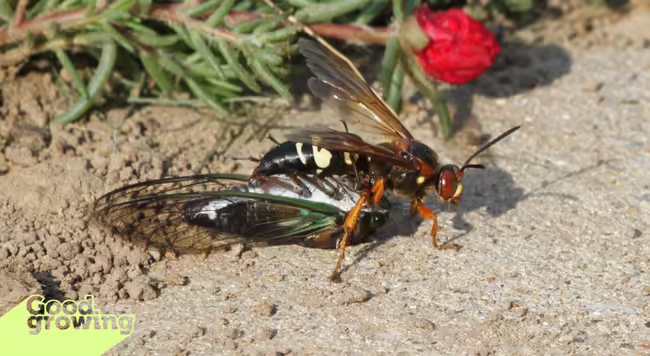 cicada killer wasp with a paralyzed cicada