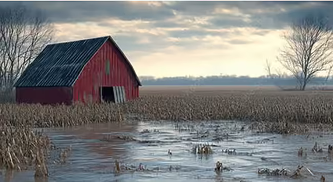 An old red barn sits in a partially flooded corn field while gray clouds loom overhead.