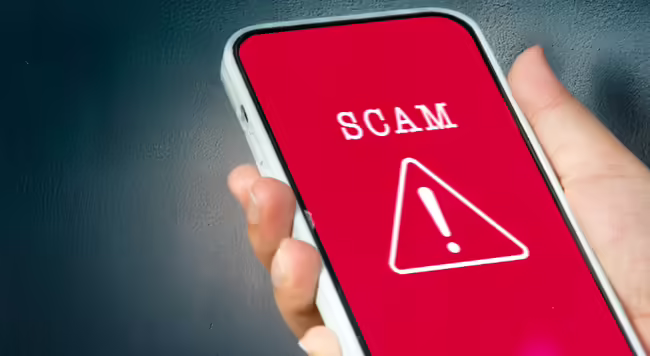 The image shows a phone with the word scam on the screen.