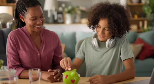 mom and child with piggy bank