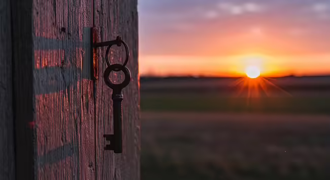 Old skeleton key hangs on a nail against barnboard while sun sets in the background.