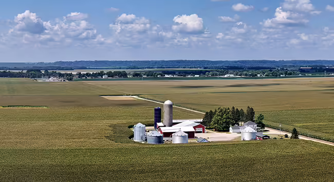 A farm with buildings surrounded by crop fields.