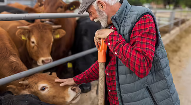 Person paying attention to cattle feeding at a feed trough in a feedlot. 