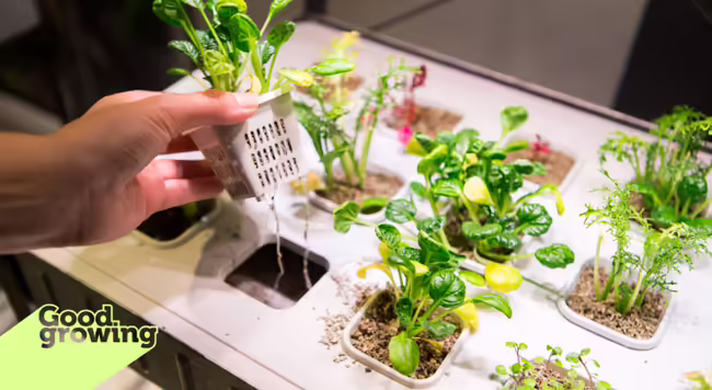a person lifting a net pot from a hydroponic system. Roots are dangling from the pot. Several other green plants are sitting in the hydroponic setup.