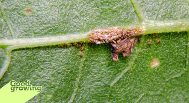 female keeled treehopper protecting nymphs on a leaf