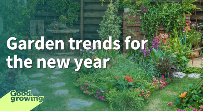 Garden trends for the new year flower filled garden with wooden seating area stone pathway and brick element with plants draping over