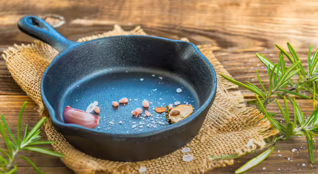 Cast iron pan on burlap next to rosemary sprigs