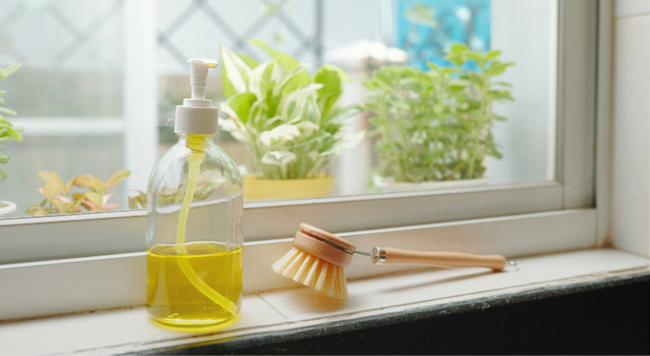 Scrub brush sitting on window sill in kitchen next to bottle of dish soap