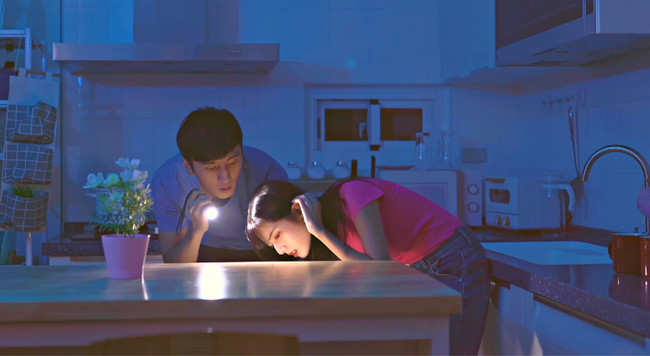 Image of couple in kitchen with a flashlight during power outage