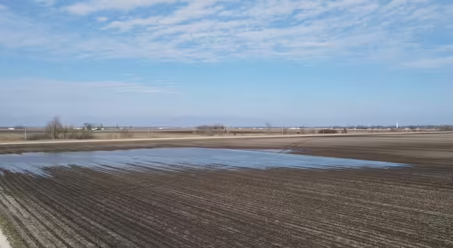 Photo shows wide shot of unplanted farm field with the far 2-3 foot edge flooded with rainwater.  On the horizon a few trees, blue sky and some billowy clouds are visible.