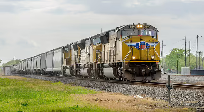 A freight train on the tracks.