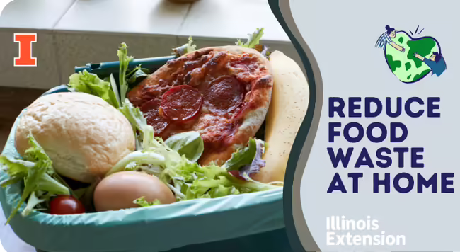trashcan full of food next to the text, reduce food waste at home