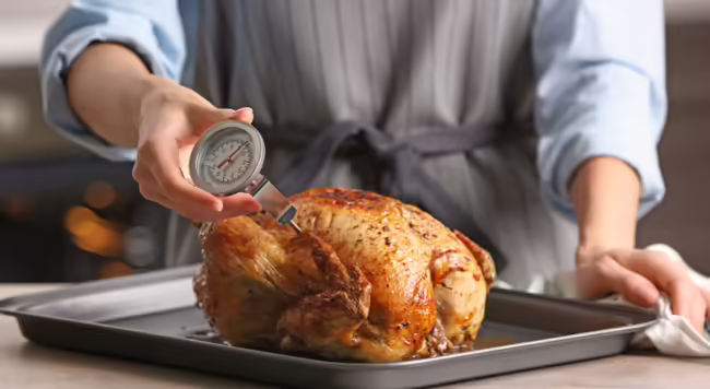 Checking the temperature of chicken with a thermometer placed in the chicken breast.