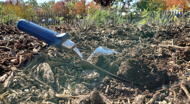 A trowel stuck in the soil.