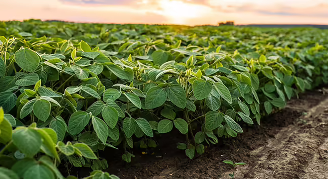 A soybean field with the sun setting in the background. 