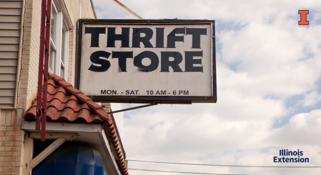 Store front with sign reading "Thrift Store"