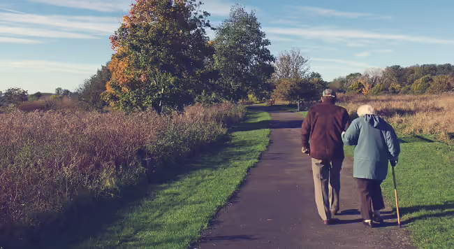two people walking on a paved path in a park
