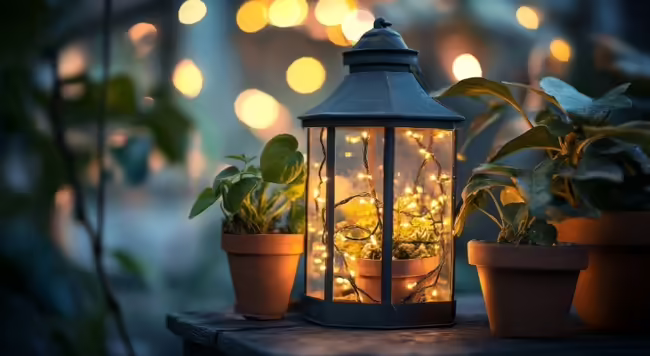 potted plant covered in lights surrounded by other potted plants