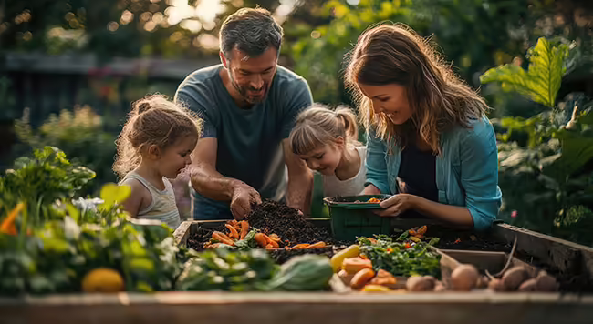 Family looking at vegetables from raised bed garden