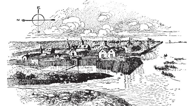 Black and white sketch of historic Jamestown 