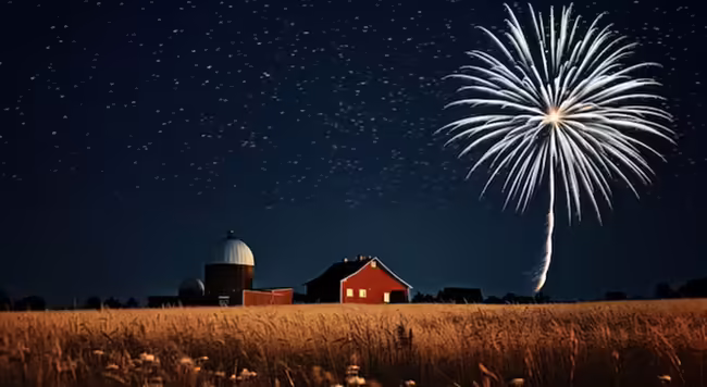 fireworks over a barn