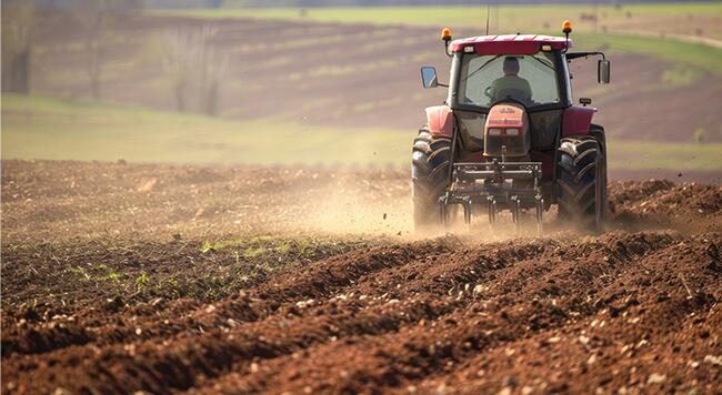 red cab tractor pulling a piece of tillage equipment through a field