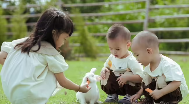 three children feeding a rabbit