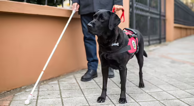 A black service dog guiding a person walking with a cane.