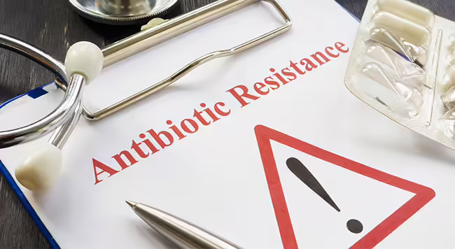 words antibiotic resistance and a warning symbol on a clipboard
