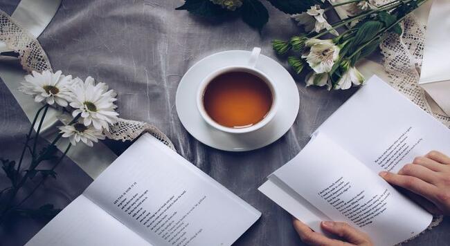 person reading book with tea cup on table
